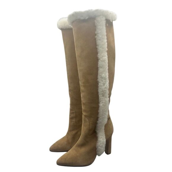 🧧SOLD🧧Larroudé Cindy Hi Faux Fur Boot Knee High Brown Size 7.5 Suede Leather - Picture 1 of 14